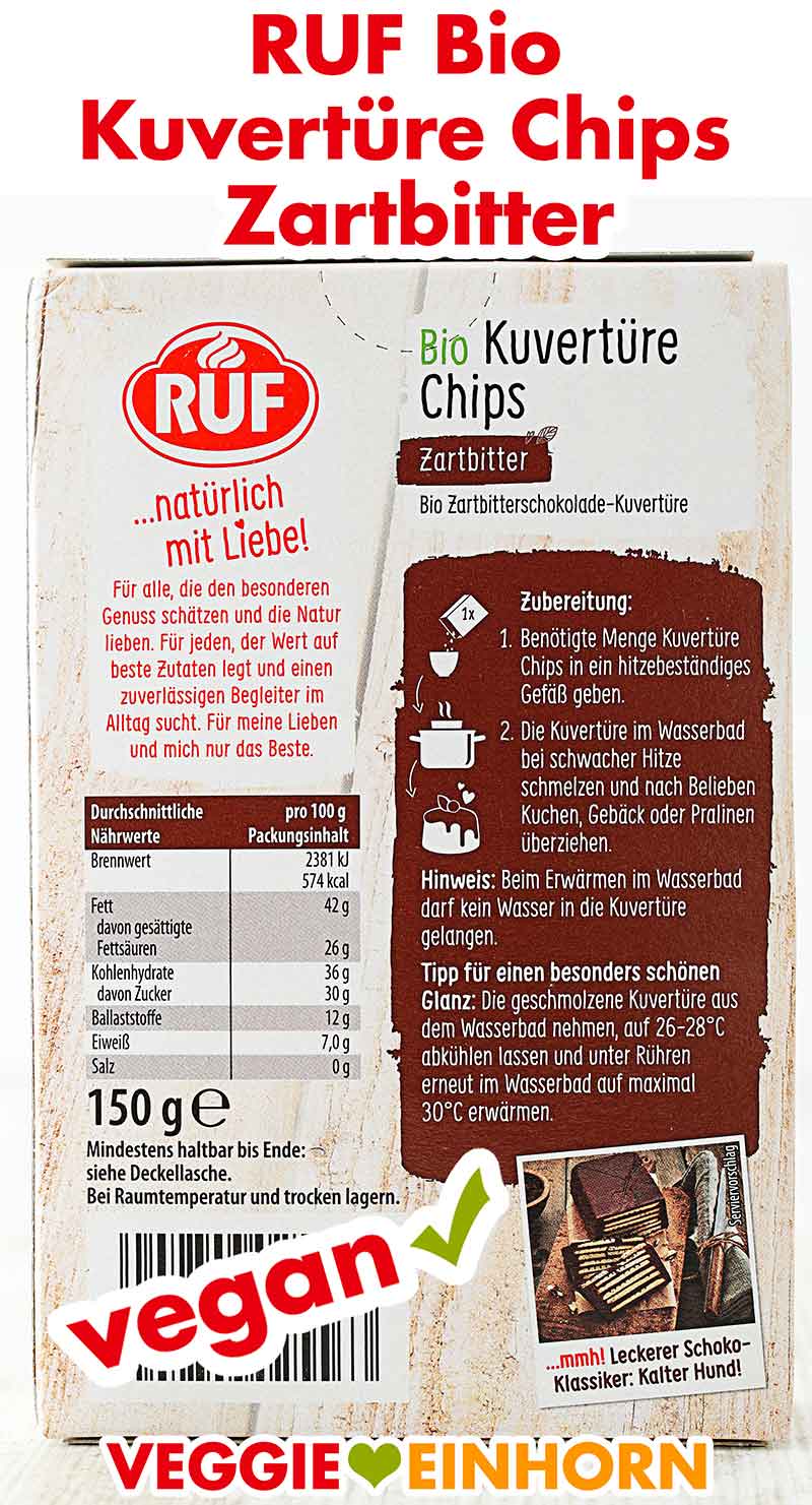 Vegane Kuvertüre Chips von RUF Rückseite der Verpackung von RUF Bio Kuvertüre Chips
