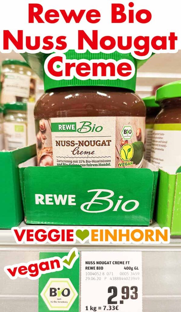 Rewe Bio Nuss Nougat Creme ist vegan Ein Glas Nuss-Nougat-Creme von Rewe Bio im Supermarkt Regal