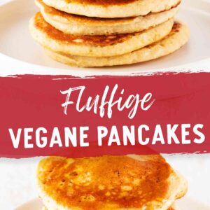 Zwei Bilder von einem Stapel goldbrauner, fluffiger veganer Pancakes, eines pur und eines mit Ahornsirup, mit einem roten Banner in der Mitte mit der Aufschrift 'Fluffige Vegane Pancakes'.