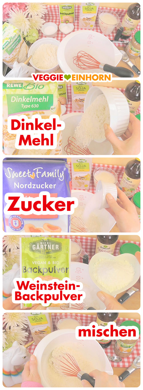 Dinkelmehl, Zucker und Weinsteinbackpulver werden in einer Schüssel vermischt.