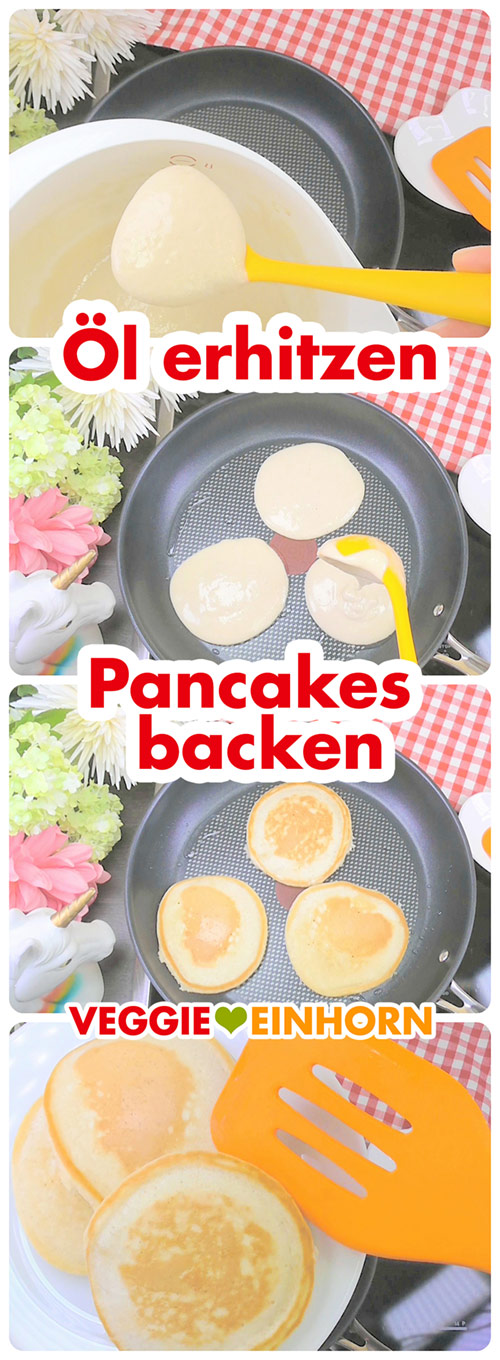Die fluffigen veganen Pancakes werden in einer Pfanne ausgebacken.