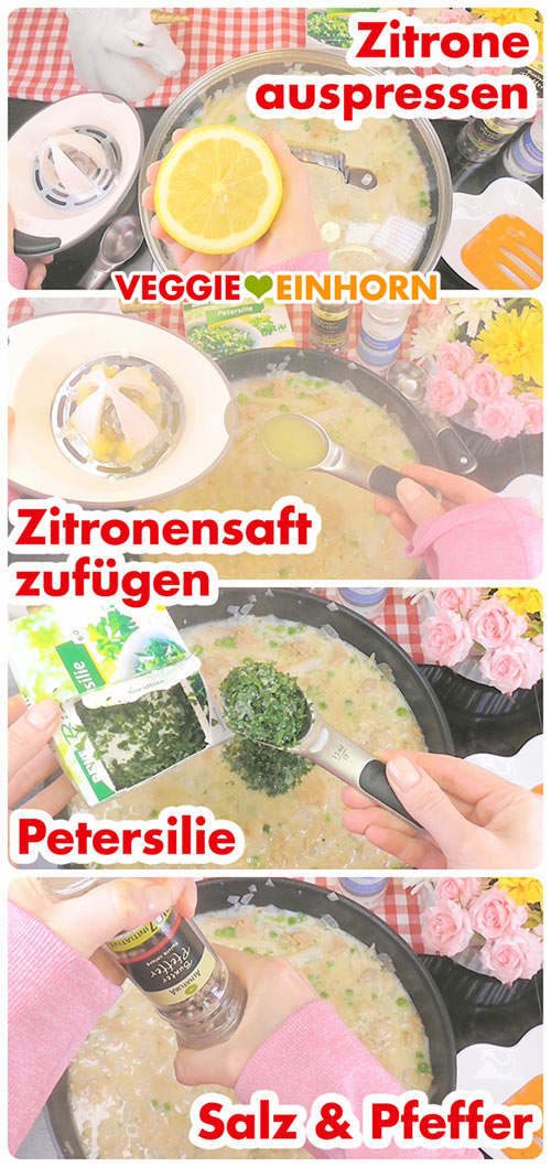 Abschmecken mit Zitronensaft, Petersilie, Salz und Pfeffer