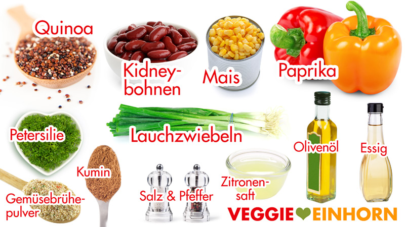 Zutaten für mexikanischen Quinoa Salat mit Bohnen, Mais und Paprika Zutaten für veganen Quinoa Salat