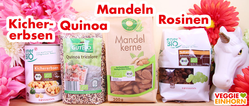 Kichererbsen aus der Dose, Quinoa, Mandeln, Rosinen