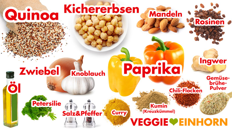 Quinoa, Kichererbsen, Mandeln, Rosinen, Paprika