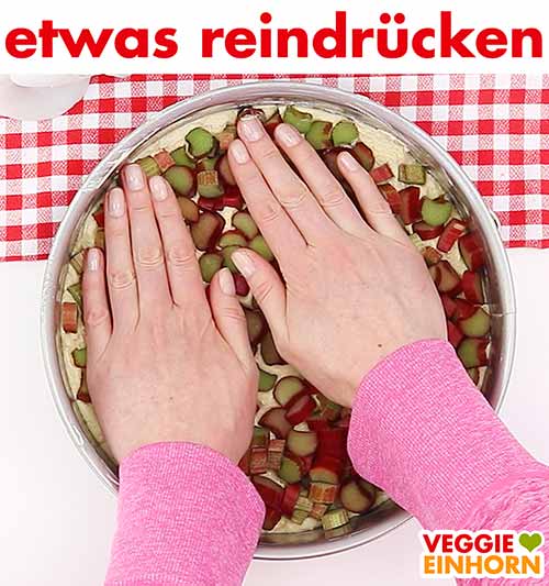 Rhabarberstücke leicht in den Rührteig drücken Rhabarber etwas in den Teig reindrücken