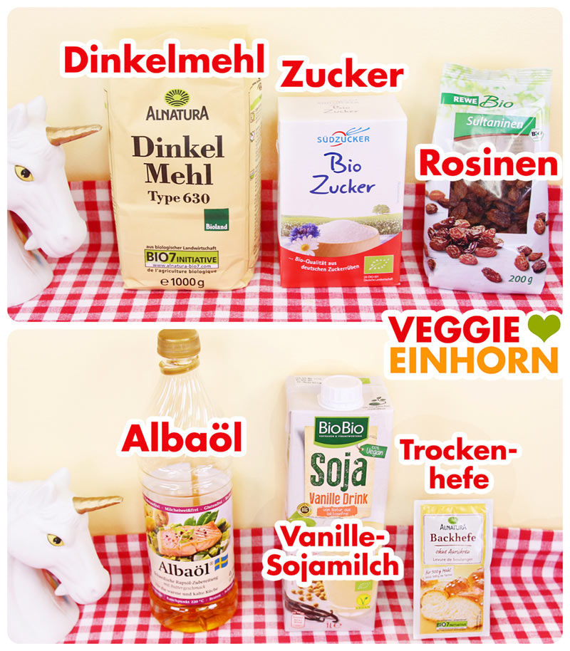 Dinkelmehl, Zucker, Rosinen, Albaöl, Vanille-Sojamilch, Trockenhefe