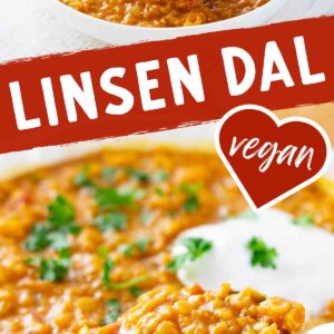 Teller mit veganem roten Linsen-Dal, mit einem Löffel darin, garniert mit Petersilie und einem veganem Joghurt.