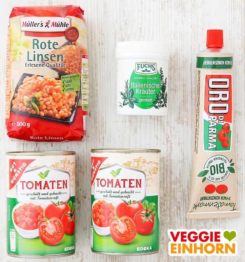 Zutaten für Rote Linsen Bolognese (Rote Linsen, Tomatenmark, Dosentomaten)