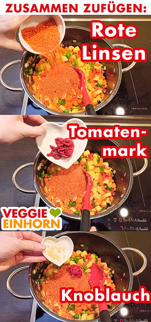 Rote Linsen, Tomatenmark und Knoblauch für den Eintopf Rote Linsen, Tomatenmark und Knoblauch werden zugefügt