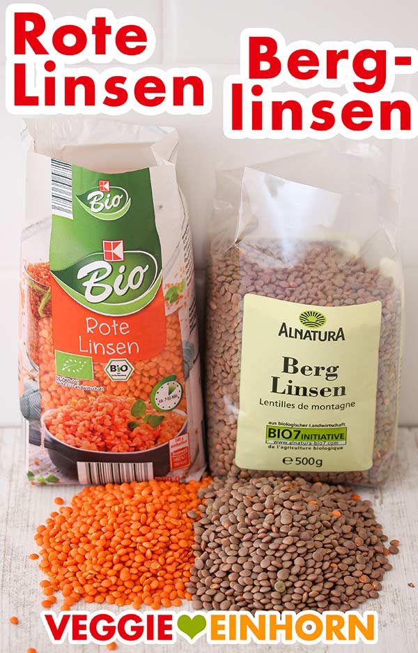 Eine Packung rote Linsen und eine Packung mit Berglinsen