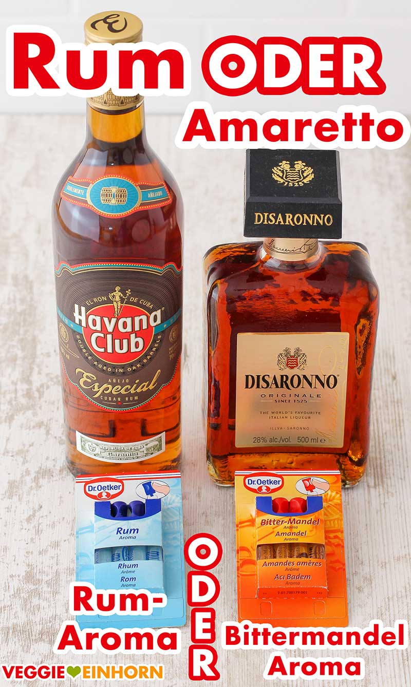 Havana Club Rum, Disaronno Amaretto, Dr. Oetker Backaroma Rum und Bittermandelaroma Eine Flasche veganer Rum, eine Flasche veganer Amaretto, zwei Packungen Backaroma Rum und Bittermandel