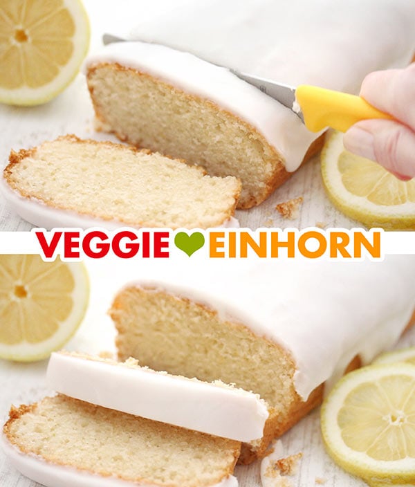 Saftiger veganer Zitronenkuchen wird angeschnitten Saftiger veganer Zitronenkuchen wird angeschnitten