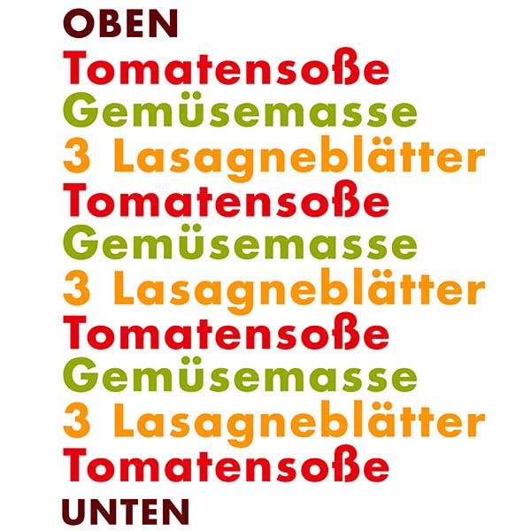 Schichten der veganen Gemüselasagne mit Tomatensoße, Lasagneplatten und Gemüsemasse Reihenfolge der Schichten