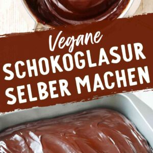 Schokoladenüberzug im Schmelztopf und auf einem Kuchen