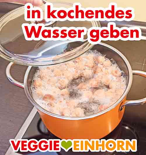 Soja Würfel im kochenden Wasser Topf mit kochendem Wasser und Sojawürfeln