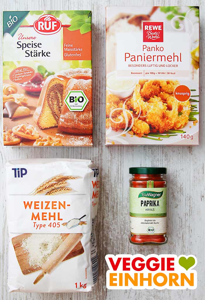 Speisestärke, Panko, Weizenmehl, Paprika edelsüß Gewürz Speisestärke, Pankomehl, Mehl, Paprika edelsüß