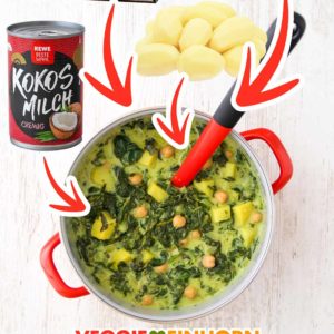 Ein Topf mit Kartoffel Spinat Suppe, eine Dose Kokosmilch, eine Packung Blattspinat und eine Dose Kichererbsen