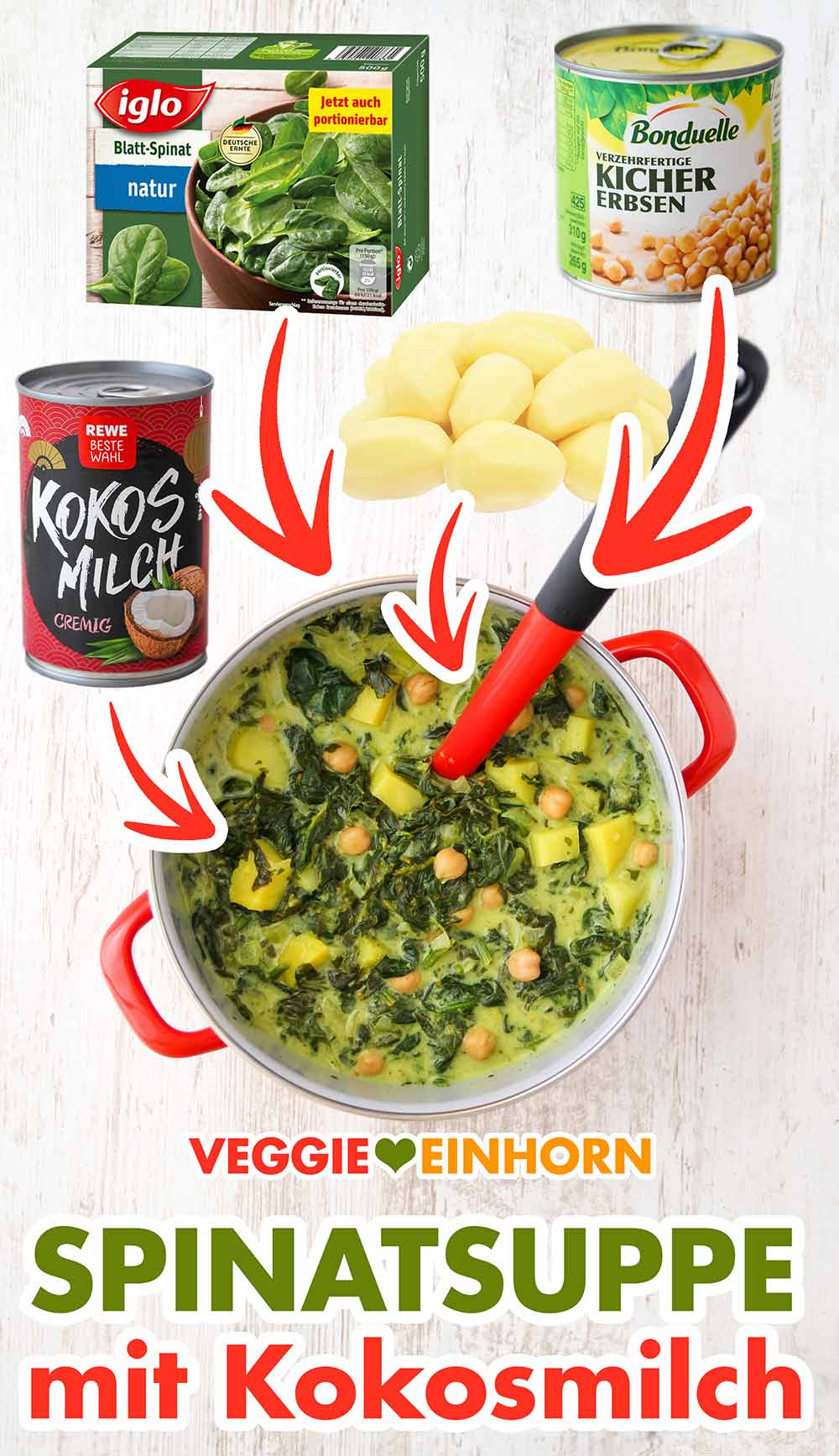 Vegane Spinatsuppe mit Kichererbsen und Kokosmilch Ein Topf mit Kartoffel Spinat Suppe, eine Dose Kokosmilch, eine Packung Blattspinat und eine Dose Kichererbsen