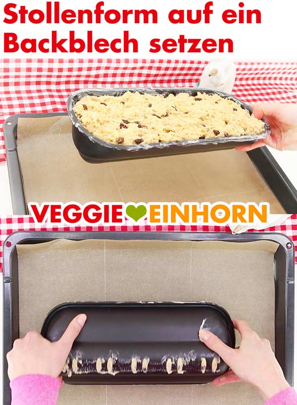Stollenform auf Backblech mit Backpapier setzen Stollenform auf Backblech mit Backpapier setzen