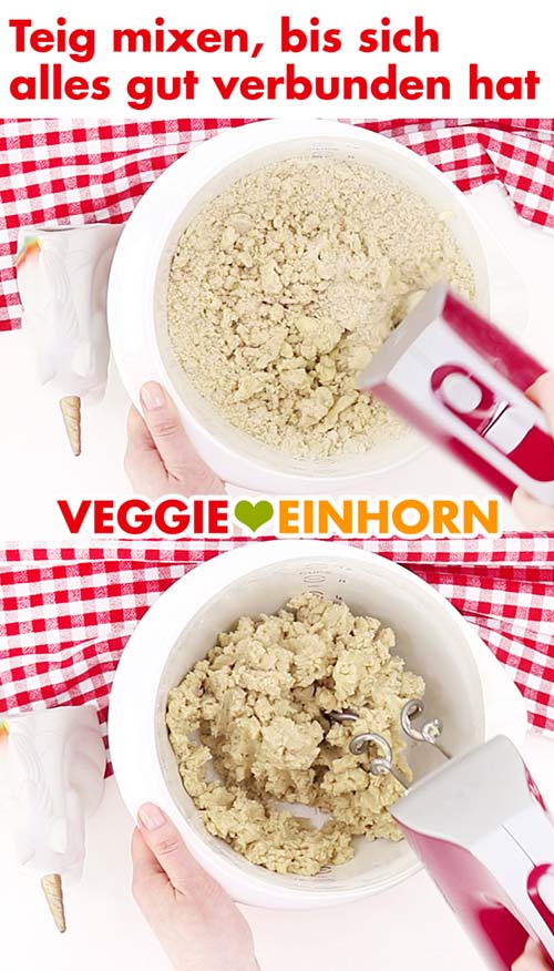 Der vegane Nussecken Teig wird mit Knethaken gemixt. Teig mixen für vegane Nussecken