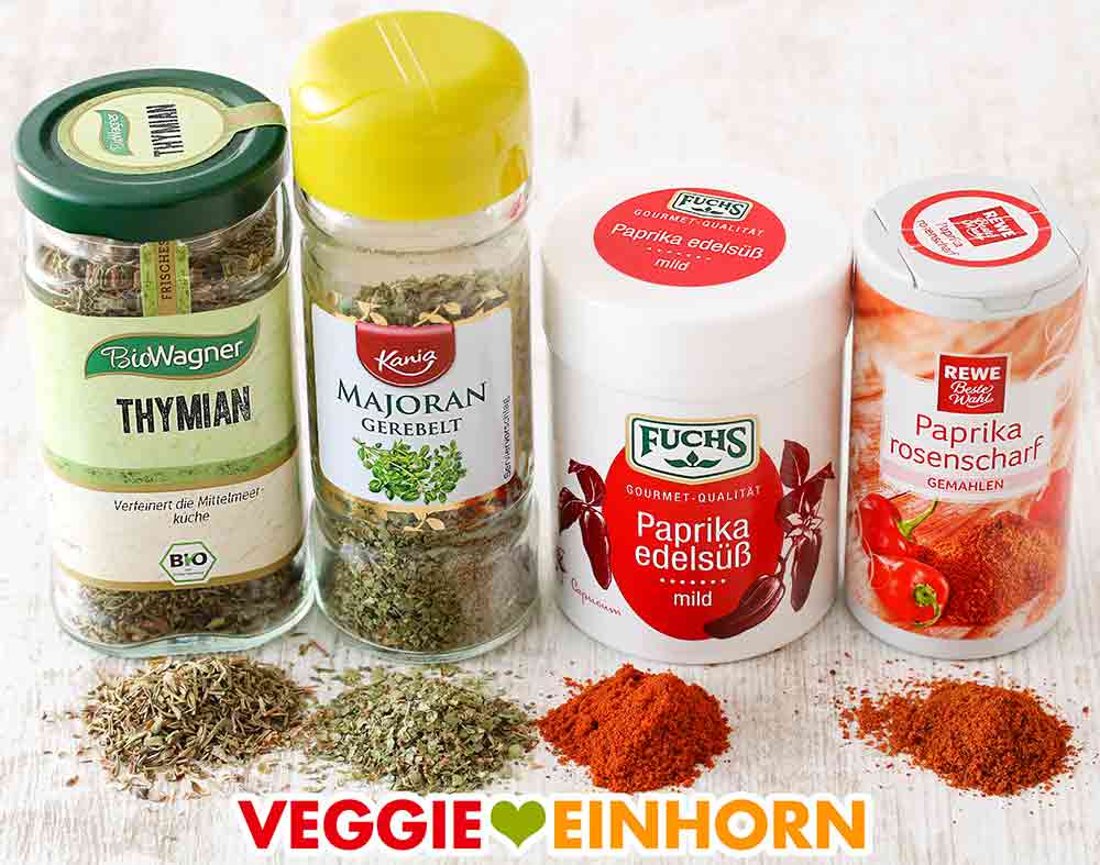 Bio Wagner Thymian, Kania Majoran, Fuchs Paprika edelsüß, Rewe Beste Wahl Paprika rosenscharf Thymian, gerebelter Majoran, Paprika edelsüß und rosenscharf