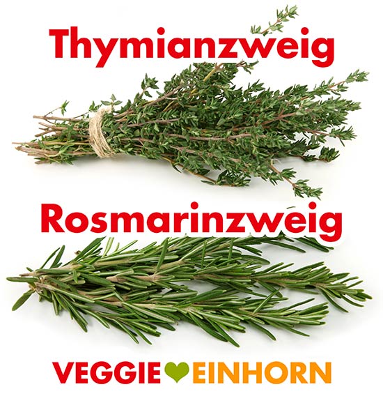 Ein Zweig frischer Thymian und ein Zweig Rosmarin