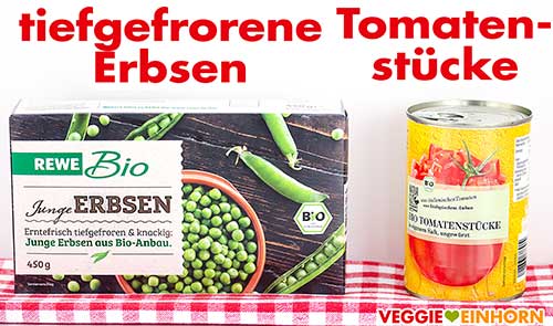 Tiefgefrorene Erbsen und eine Dose Tomatenstücke