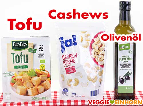 BioBio Naturtofu, Rewe ja! Cashews, dm Bio Olivenöl Tofu, Cashewkerne und Olivenöl