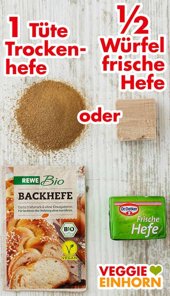Eine Tüte Trockenhefe und ein halber Würfel Frischhefe