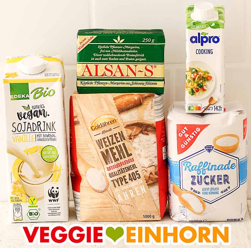 Sojadrink Vanille, Alsan-S Margarine, Weizenmehl Type 405, Alpro Cooking Soja Cuisine, Zucker