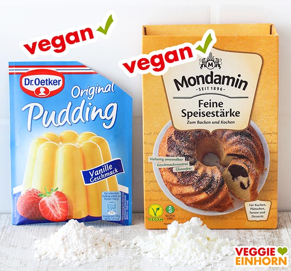 Dr. Oetker Original Pudding Pulver und Mondamin Feine Speisestärke sind vegan. Vanillepuddingpulver und Speisestärke