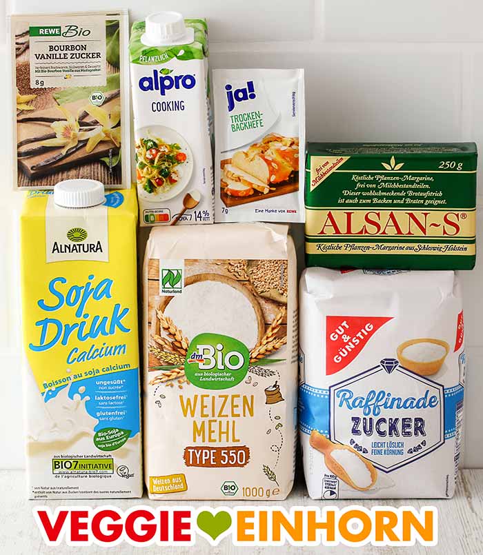 Vanillezucker, Sojasahne, Hefe, vegane Butter, Sojadrink, Mehl, Zucker Rewe Bio Vanillezucker, Alpro Cooking Soja Cuisine, Trockenhefe, Alsan-S, Sojamilch, Mehl, Zucker