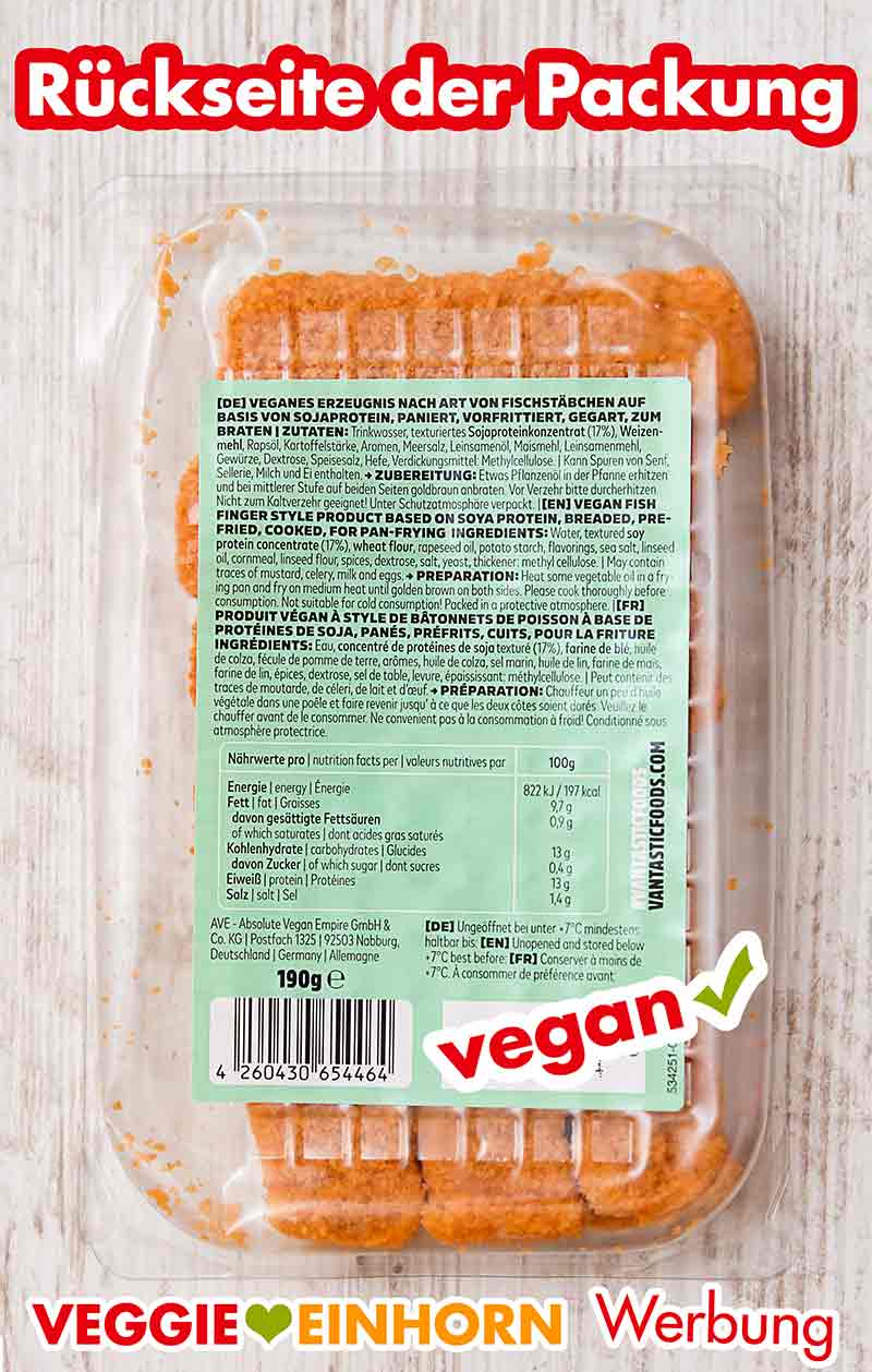 Rückseite der Verpackung Rückseite der Packung Vantastic Foods Fischstäbchen