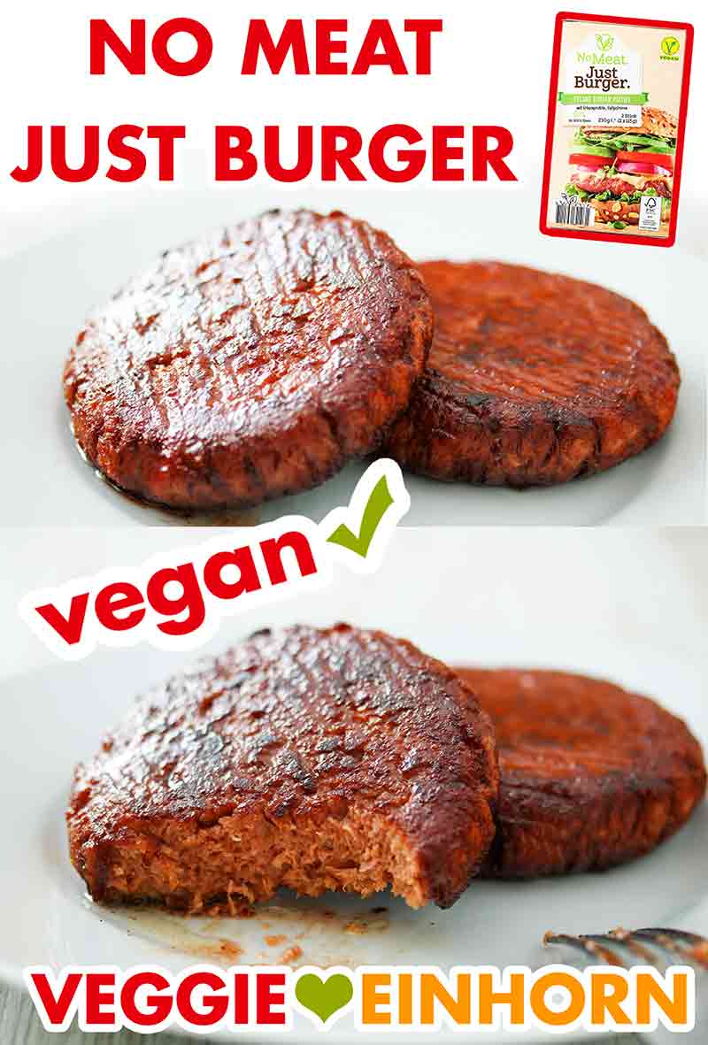 Fertig gebratene No Meat Just Burger Gebratene Burger Patties von No Meat Just Burger auf einem Teller