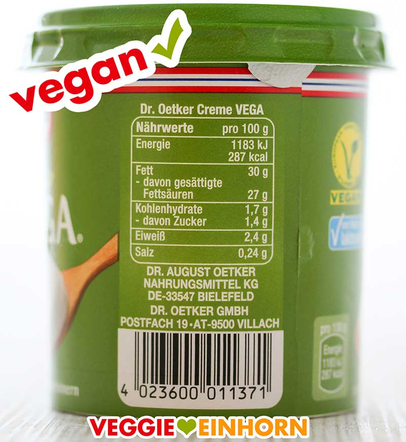 Nährwertangaben auf einem Becher Creme vega