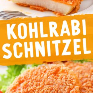 Angeschnittene Kohlrabischnitzel und Salat auf einem Teller