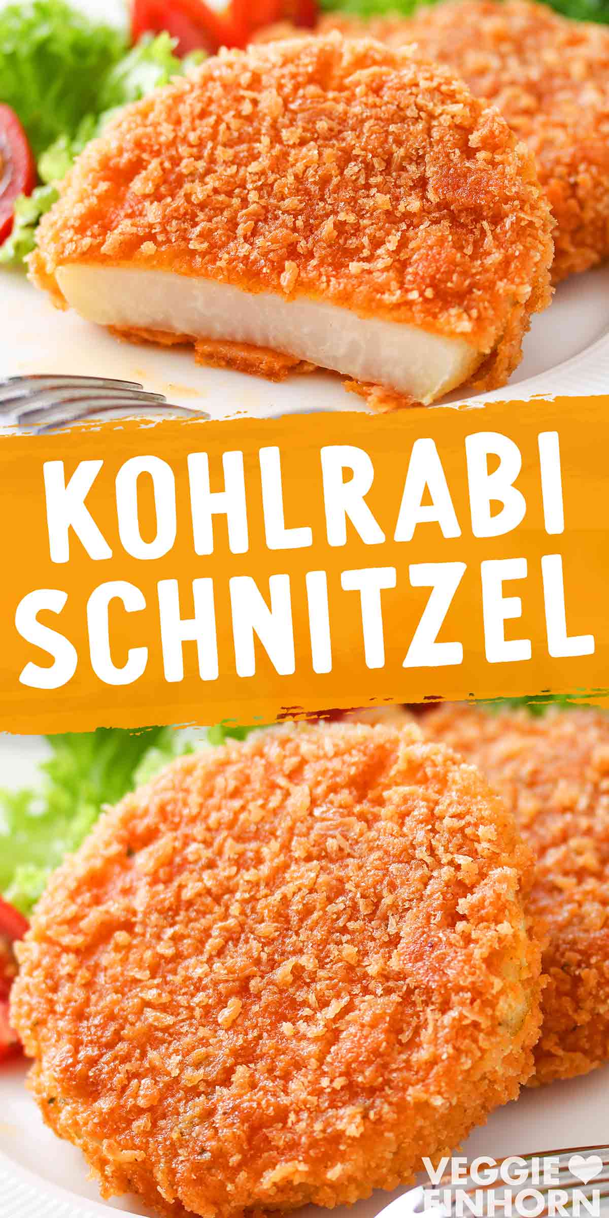 Vegane Kohlrabischnitzel ohne Ei Angeschnittene Kohlrabischnitzel und Salat auf einem Teller