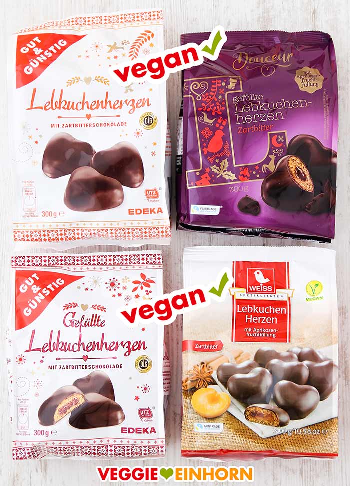Vier Tüten mit veganen Lebkuchenherzen