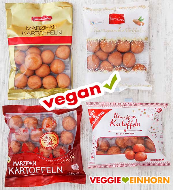 Vier Tüten vegane Marzipankartoffeln