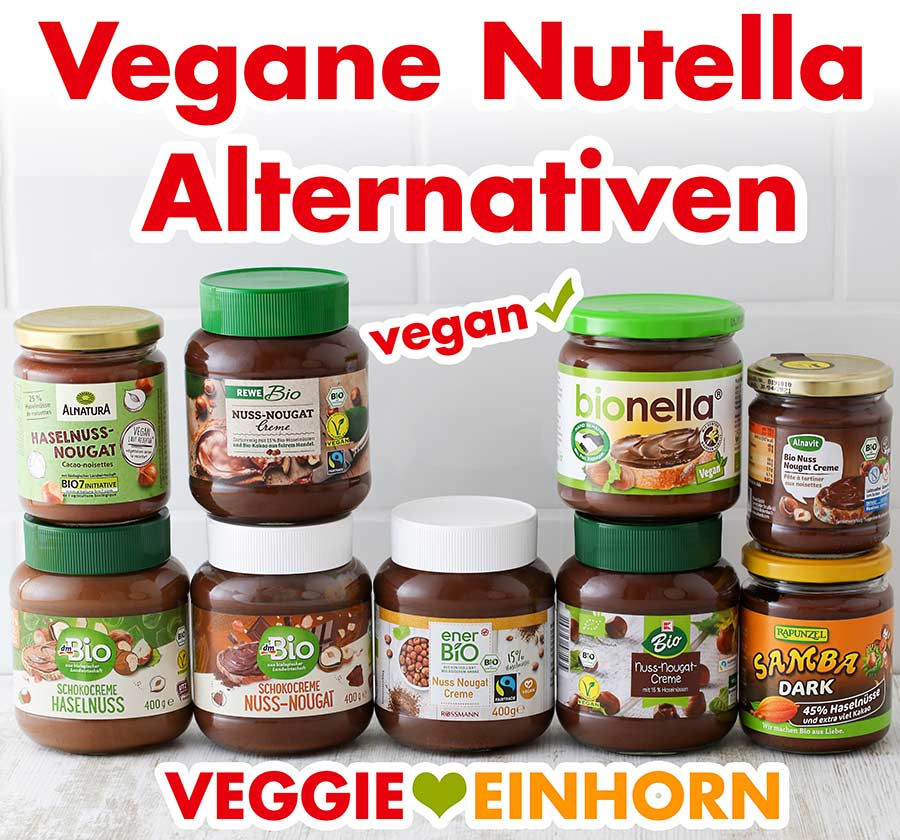 Vegane Nutella Alternativen Neun Gläser mit veganer Nuss-Nougat-Creme von verschiedenen Marken