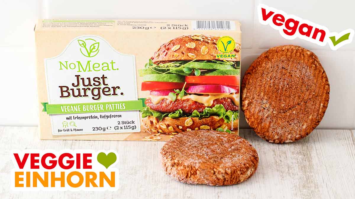 No Meat Just Burger Verpackung und zwei tiefgefrorene Burgerpatties Eine Packung No Meat Just Burger und tiefgekühlte Patties