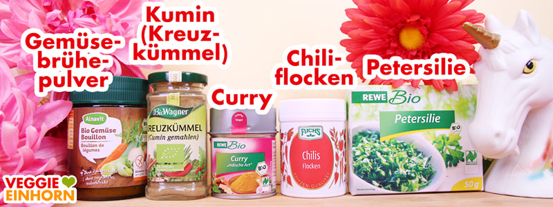 Gemüsebrühe, Kumin (Kreuzkümmel), Curry Pulver, Chiliflocken, Petersilie