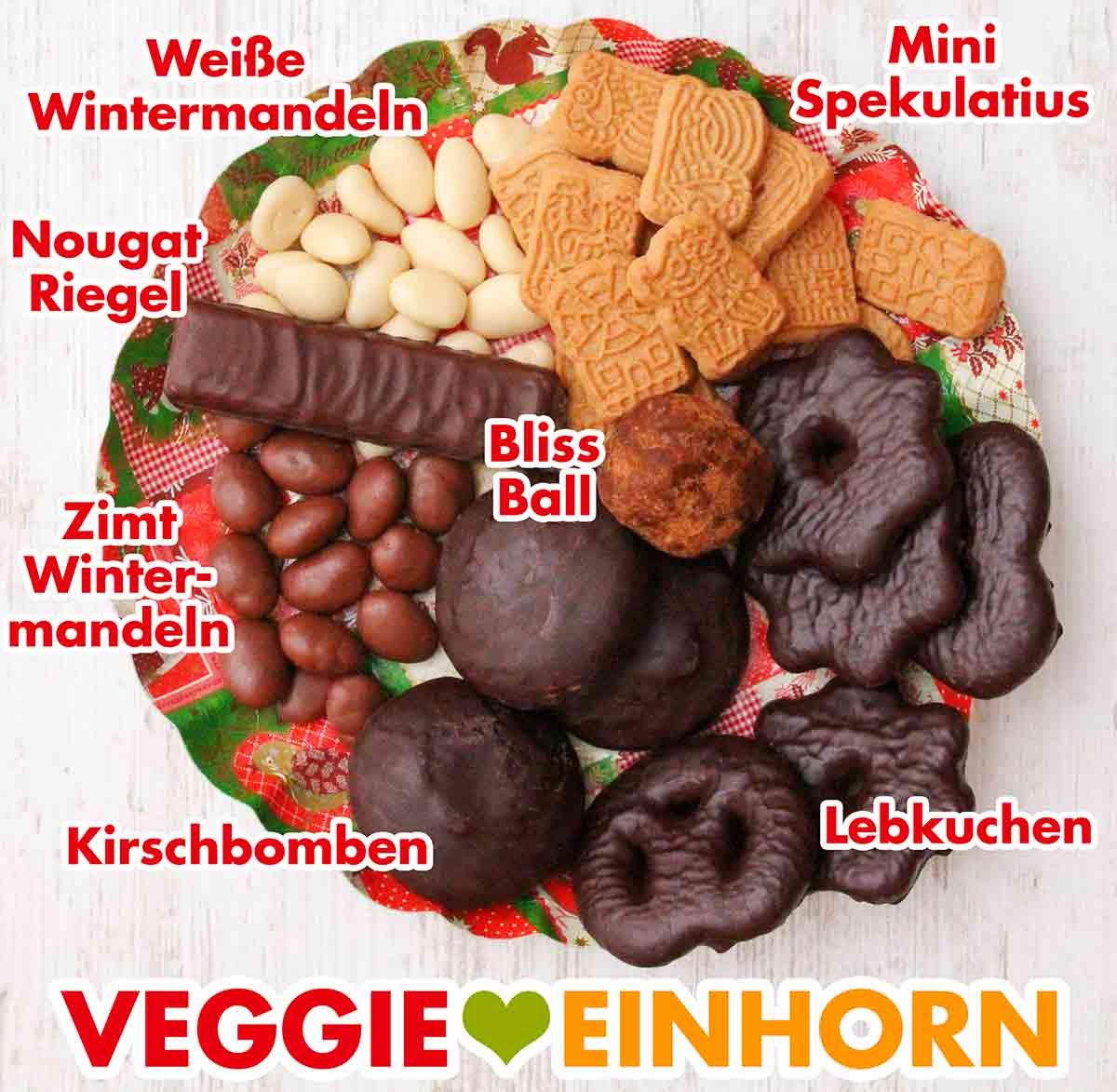 Süßigkeiten von Veganz für Weihnachten auf einem Weihnachtsteller Vegane Süßigkeiten von Veganz für Weihnachten auf einem Teller