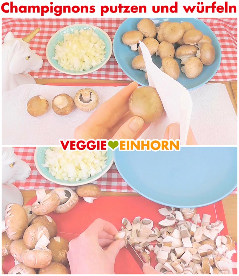 Champignons putzen und würfeln.