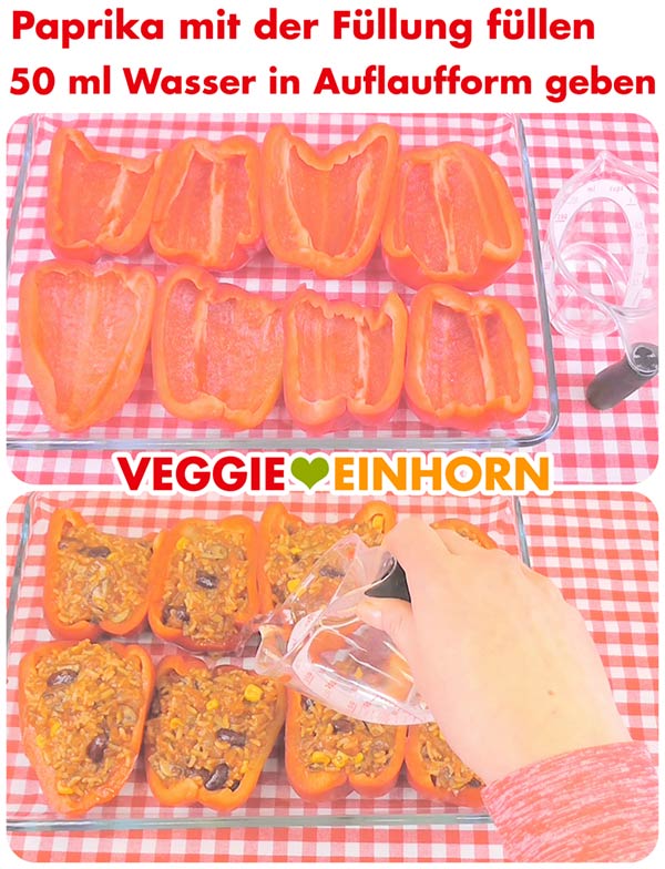 Paprikahälften in der Auflaufform.