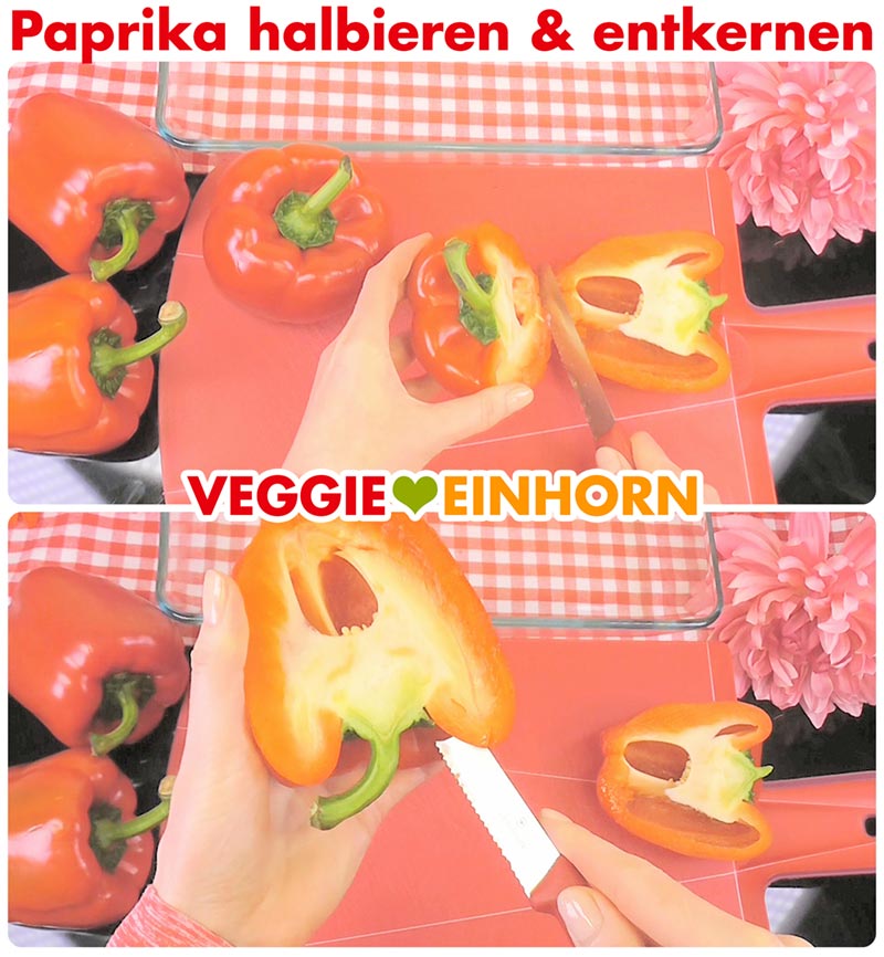 Paprikaschoten halbieren und entkernen.