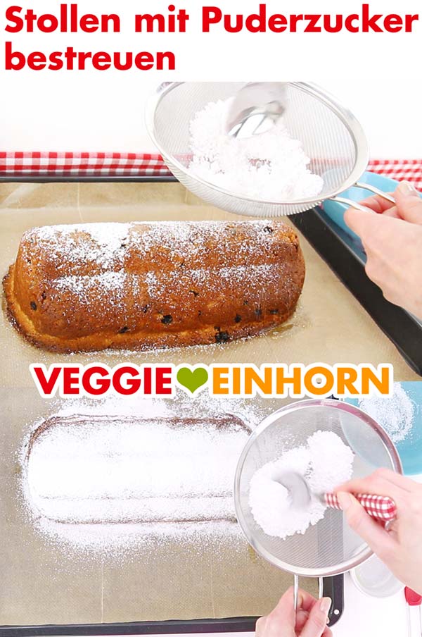 Stollen mit Puderzucker bestreuen Stollen mit Puderzucker bestreuen