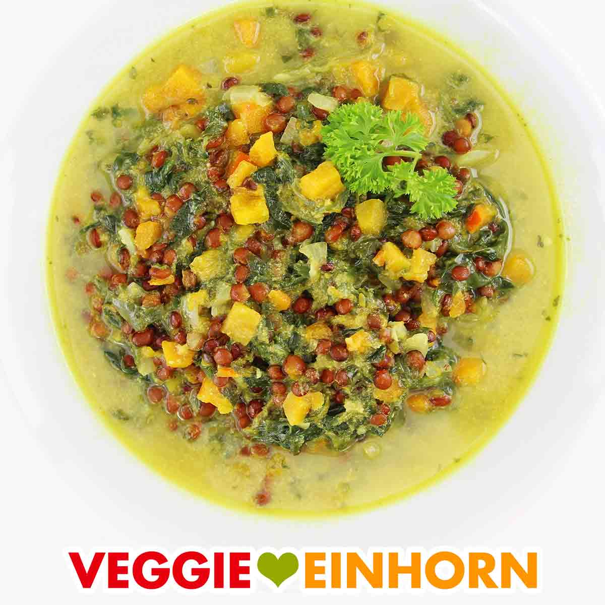 Veganer Eintopf mit Kürbis, Spinat und Linsen