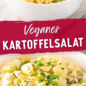 Eine weiße Schüssel mit veganem Kartoffelsalat, garniert mit frisch geschnittenem Schnittlauch.